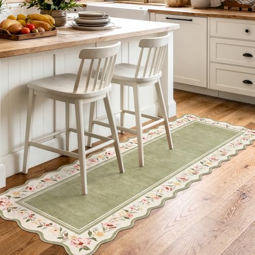 Lahome Floral 2'x 6' Washable Kitchen Runner Rug, Green Bathroom Runner Rug