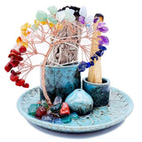 5 in 1 Incense Burner Holder with Crystal Healing Tree, Palo Santo Holder, Sage Holder, Incense Holder for Sticks/Cones/Candles, Ceramic Tray Ash Catcher for Burning Incense, Meditation Gift
