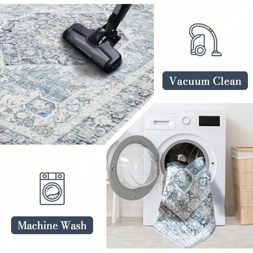 Area Rug 8×10, Large Vintage Boho Rug,Ultra-Soft Low Pile, Washable, Non Slip,Stain Resistant, Printed Carpet for Living Room Bedrooms Playroom Office Kitchen, Light Blue