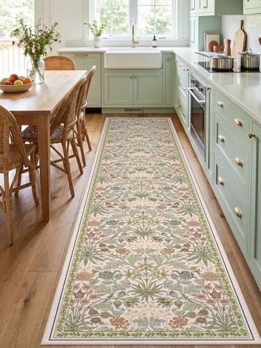 2x10 Floral Runner Rug for Hallways: Non-Slip Machine Washable Long Rugs Boho Soft Rugs for Kitchen,Laundry,Bedroom,Bathroom - Botanical Low Pile Indoor Carpet Runners with Rubber Backing 2x10 Beige