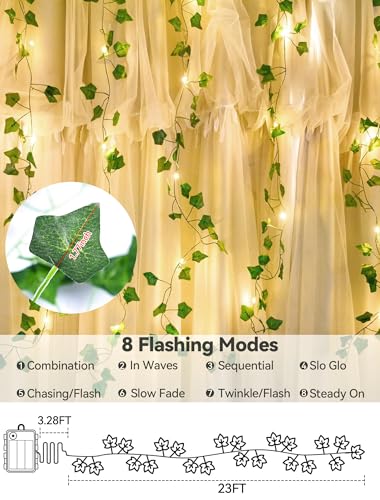 Vines with Fairy Lights,23ft Ivy Twinkle Lights Battery Operated,73 LED Leaf String Lights for Bedroom,Room,Wall,Celling,Curtain,Party,Wedding,Christmas Decor (Warm White)
