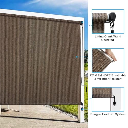 Amagenix Outdoor Roller Shades, 220GSM HDPE Exterior Cordless Patio Shades Roll Up Outdoor Blinds for Porch Gazebo 10'(W) x 8'(H), Spliced Poles Design, Mocha