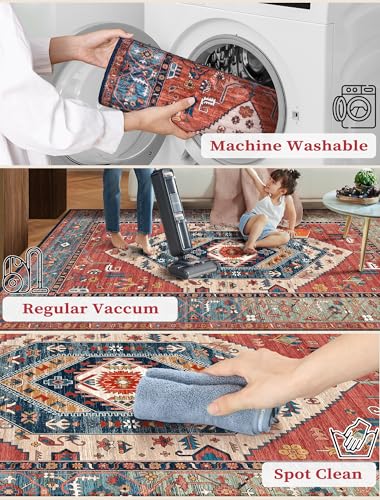 SERISSA Boho Washable Runner Rug, 2x6 Rug Runner Non-Slip Vintage Rust Hallway Kitchen Runner Rug Ultra Soft Print Distressed Tribal Floor Carpet Runner for Bedroom Bathroom Laundry Living Room