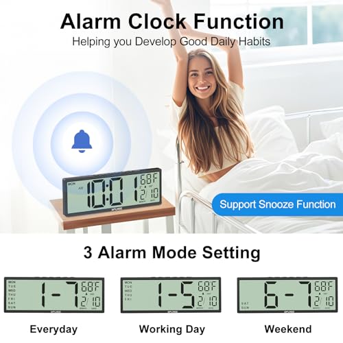 14.5'' Large Digital Wall Clock Battery Operated with Jumbo Numbers, Auto DST, Day, Date, Alarm, Temperature for Living Room, Bedroom, Desk Decor, Gift, LCD Screen Display Easy to Read and Set