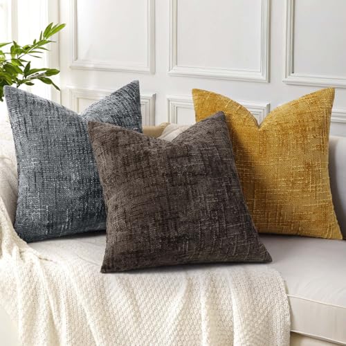 decorUhome Textured Chenille Throw Pillow Covers 24x24 Set of 2 Dark Grey
