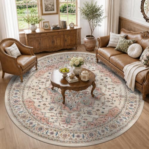8ft Round Rug Low Pile Washable Vintage Circle Rug Indoor Carpet