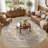 8ft Round Rug Low Pile Washable Vintage Circle Rug Indoor Carpet