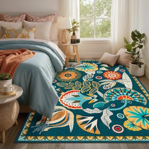 Joydeco Egypt Floral 4x6 Washable Rug for Entryway Living Room Bedroom