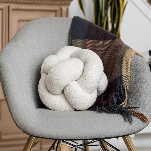 SAMIAH LUXE Vanilla Cream Teddy Boucle Knot Pillow Ball 12", Permanently Stitched Knotted Decorative Throw Pillow, Natural Kapok Fill, Round Accent Pillow for Couch Sofa Bed, Boho Home Decor
