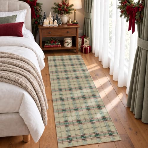 Green Christmas Runner Rug 2x5, Washable Rug for Hallway, Checkered Plaid