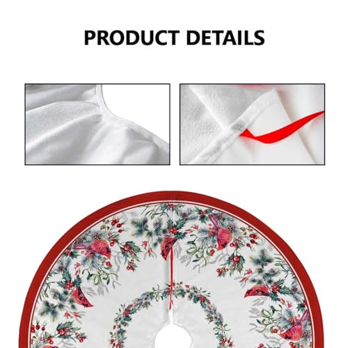 Christmas Tree Skirt 48Inches Winter Cardinal Birds Xmas Tree Skirt, Red Poinsettia Floral Holly Leaves Christmas Tree Mat for Home Party Holiday Indoor Outdoor Decorations (Red, 48in)