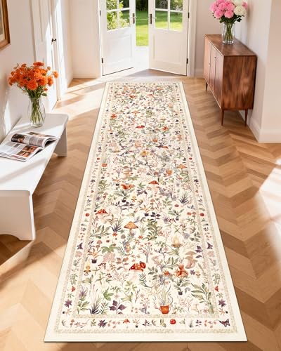 nesrt Fantasy Mushroom Runner Rugs for Hallway 3x10ft Non Slip, Washable Jungle Animal Print Doorway Rug Runner Low Pile, Forest Floor Carpet for Entry Kitchen Laundry Room Decor (Beige)