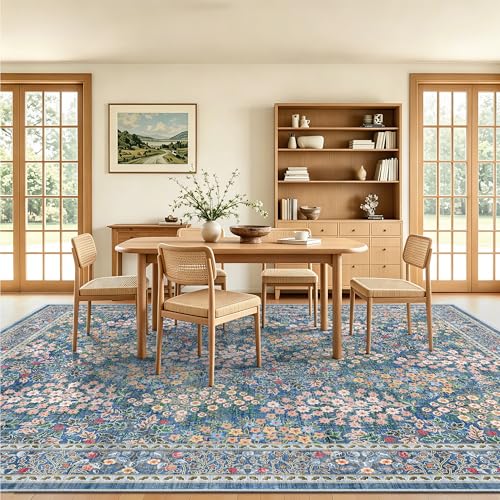 9x12 Large Area Rugs, Machine Washable Low Pile Floral Rugs for Living Room, Bedroom, Boho Style with Non-Slip Backing Nursery Rug(Blue Floral)
