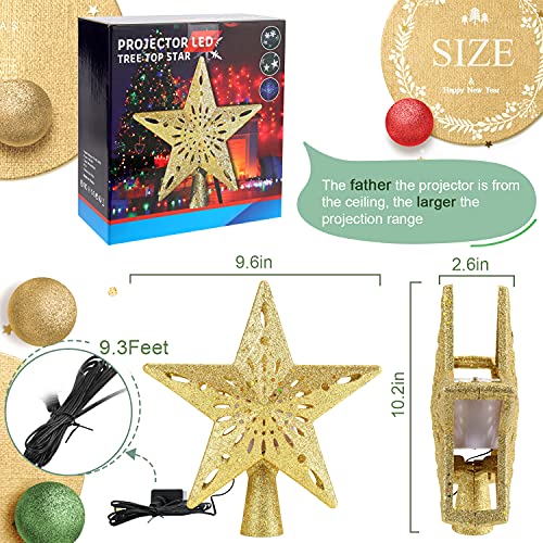 Christmas Tree Topper Star Lighted with Rotating Snowflake LED Projector, Gold Star 3D Glittered Christmas Xmas Tree Decorations Projector Angle Adjustable