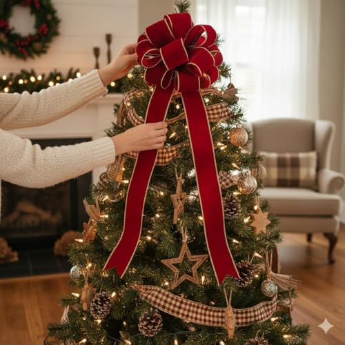 Red Wine Velvet Christmas Tree Topper Bow 11" with 4 Ribbon Streamers x 3 Yards Long Each for Holidy Elegant Fancy Home Décor Indoor