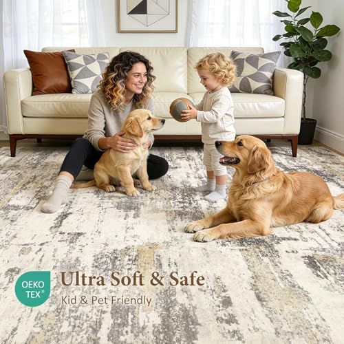 Area Rugs for Living Room: 5x7 Abstract Washable Rug Modern Neutral Large Soft Stain Resistant Non-Slip Backing Machine Table for Bedroom Dining Room Indoor Home Office Carpet - Gold Brown