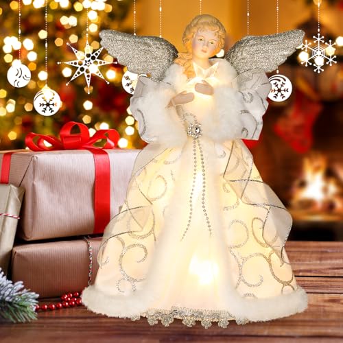 HMASYO Christmas Tree Topper Angel with Timer Lights, 12" Angel Tree Toppers with Silver Wings, Star Light, Remote Control and USB Power Xmas Treetop Decoration for Indoor Office Holiday Party