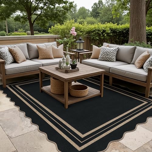 Scalloped 5x7 Rug for Living Room, Easy Jute Washable Outdoor Patio Carpet, Farmhouse Indoor Black Geometric Rug Neutral Non Slip Carpet for Living Room Backyard