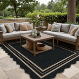 Scalloped 5x7 Rug for Living Room, Easy Jute Washable Outdoor Patio Carpet, Farmhouse Indoor Black Geometric Rug Neutral Non Slip Carpet for Living Room Backyard