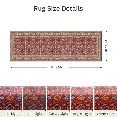 Oriental 2x8 Runner Rug Vintage Hallway Runner Rug Non Slip Machine Washable Stain Resistant Rugs for Bedroom Bedside Kitchen Entryway Burgundy Red Carpet Runners