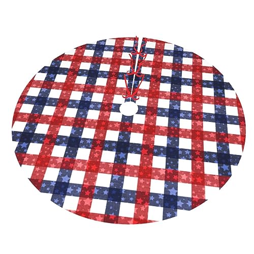 July 4th Patriotic American Flag Plaid Red Blue White 36 Inch Christmas Tree Skirt Carpet Mat Funny Party Decor Supplies for Xmas Halloween Decorations Occasion Ornament
