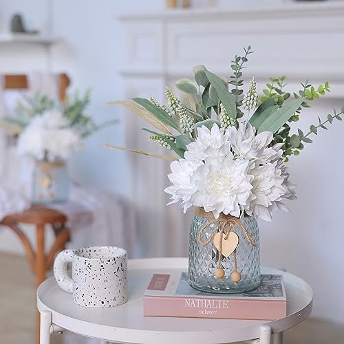 Faux Flowers with Vase,Artificial Silk Flowers in Vase, Fake Plant Eucalyptus and Willow,Flower Arrangement for Home Farmhouse kitchen Dining Table Centerpiece Decorations Coffee Table Decor (White)