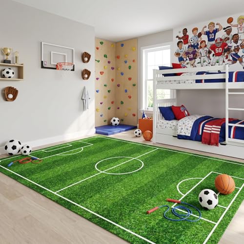Soccer Rug for Kids, 59" x 39.4" Soccer Field Area Rug | Soccer field design, soft surface, non-slip backing, suitable for bedroom, game room and indoor activity areas