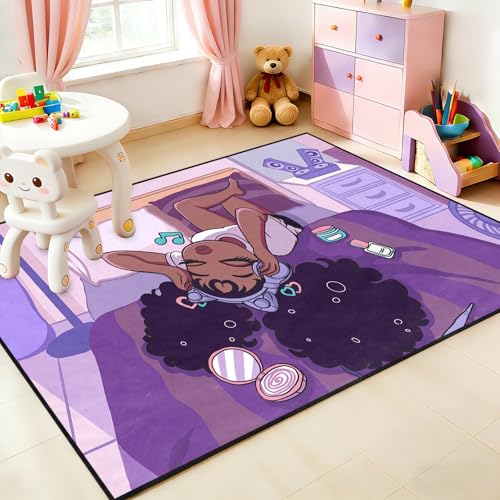 Afro Black Girls Rugs for Living Room Purple Carpets for Bedroom Black Girls Home Decor Art Music Girl Sofa Floor Mats Yoga Mats, 47" x 31" (2.7 x 3 Feet)