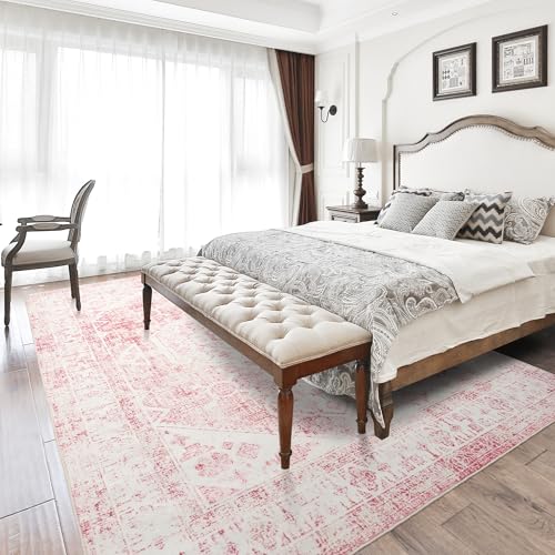 Sofrug 5x7 Washable Pink Area Rug, Upgraded Denser Surface Vintage Rugs, Honeycomb Non-Slip Backing Living Room Rug, Easy Care Foldable Rugs for Living Room Bedroom Kitchen Dinning Room Home Office