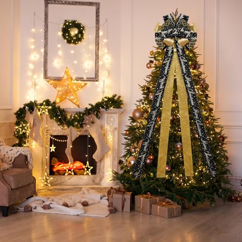 Christmas Tree Topper Bow,48''x 13'' Large Glitter Satin Christmas Wreath Bows Xmas Ornaments with Long Streamer Wired Edge Ribbon for Farmhouse Christmas Decoration (Black and Gold)