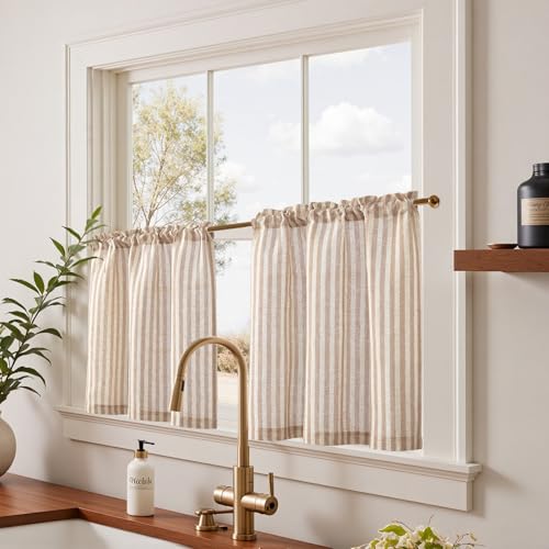 jinchan Striped Linen Kitchen Curtains 24 Inches Length Tier Curtains Farmhouse Modern Cafe Style Small Window Treatments Airy Light Filtering Rod Pocket for Living Room Bathroom 2 Panels Tan