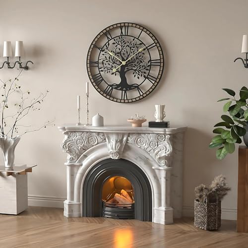 Micasso Rustic Oversize Wall Clock: 35 Inch Farmhouse Tree of Life Metal with Wood Frame - Battery Operated Wall Clocks for Bedroom/Fireplace/High-Ceiling - Home Decor for Interior Designers