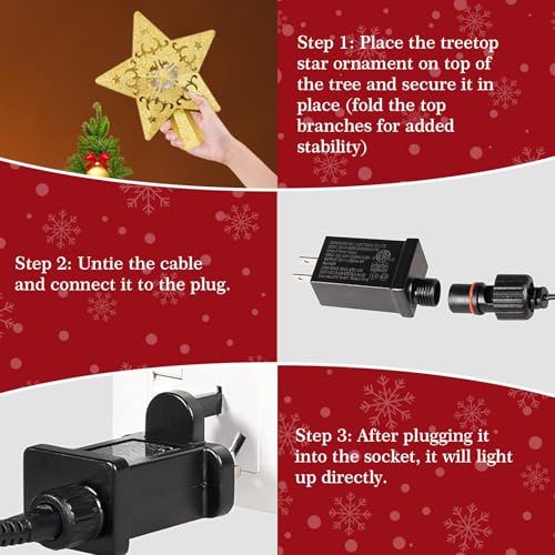 Christmas Tree Topper with Built-in 360° LED Rotating Projector, 3D Hollow Sparkling Gold Star, 3m Plug in Christmas Tree Top Decorations, Indoor Office Party Holiday Home Xmas Treetop Cool Ornament