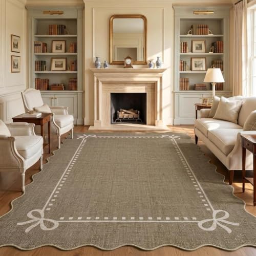 Garvee Scalloped Bow Rug for Living Room Washable Solid Brown 8x10 Area Rug