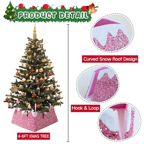 Christmas Tree Collar 24 inch Sequin Tree Skirt, Xmas Tree Square Stand Base Cover for Christmas Artificial Tree Holiday Home Decor, Snow Mountain, Pink