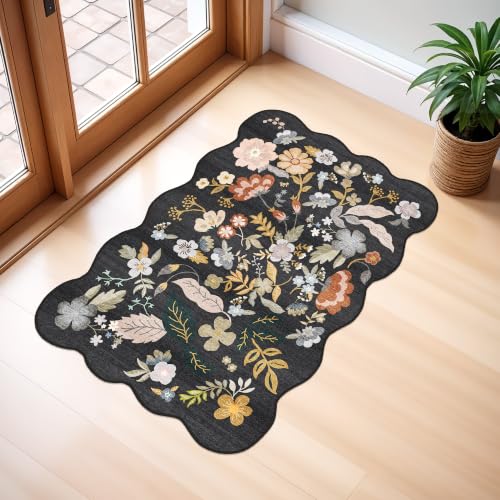 Bathroom Rugs 30x20 Bath Mat: Boho Washable Low-Pile Thin Door Mat Black