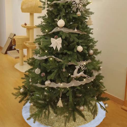 Christmas Tree Skirt 48 inch Shiny Gold Sequin Sparkly with Faux Fur Plush Tree Mat for 5-7FT Large Xmas Tree Christmas Tree Decorations for Holiday Home Decor Party