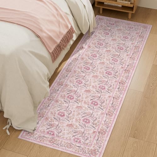 2x6 Runner Rug, Washable Vintage Floral Kitchen Rug, Pink