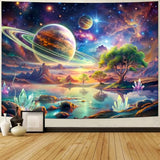 Lahasbja Blacklight Galaxy Space Tapestry UV Reactive Planet Wall Hanging Magical Trees Tapestries Cosmic Mountain Landscape Wall Decor Aesthetic Starry Night Backdrop for Bedroom