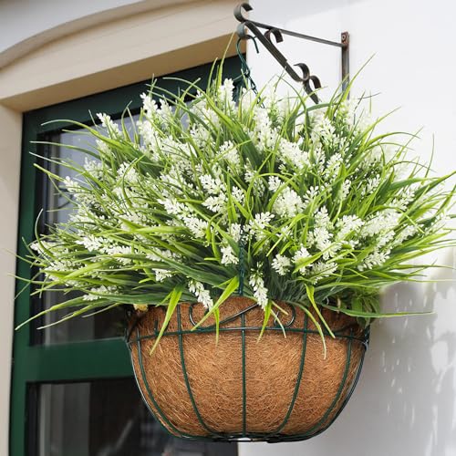 Grunyia 20 Bundles Artificial Plants Outdoor Fake Monkey Grass with Flowers (White)