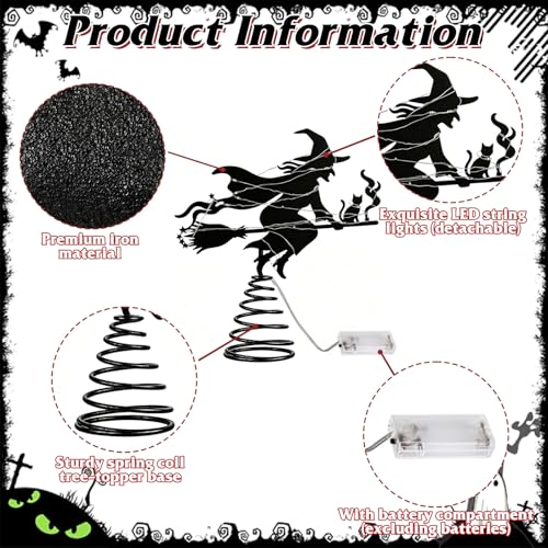 Halloween Witch Tree Topper with LED Lights,9 Inch Black Iron Flying Broom Witch Tree Topper,Spooky Light Up Halloween Ornament for Christmas Treetops and Home Party Supplies