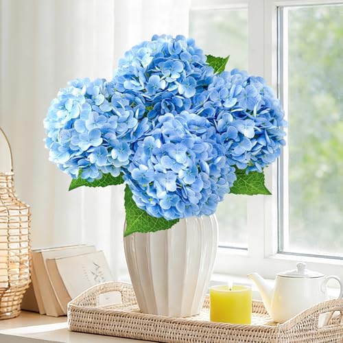 3 Pcs 21" Real Touch Blue Hydrangea Artificial Flowers with Stems, Fake Silk Flowers for Outdoors, Artificial Flowers for Home Decor Wedding Bouquets Centerpieces Vase