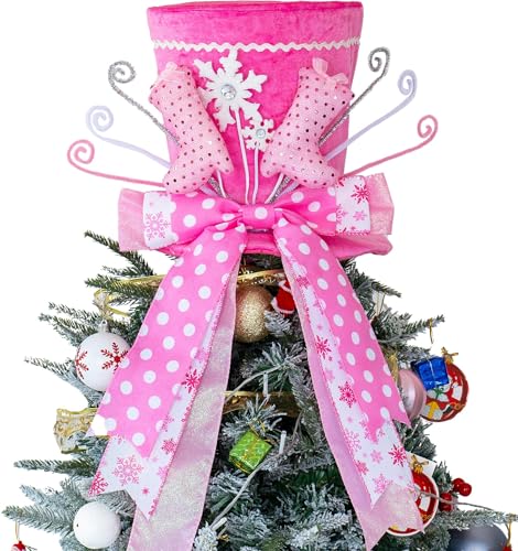 Christmas Tree Topper Hat, Xmas Tree Toppers Large Pink Hat with Lengthened Ribbon, Christmas Tree Ornaments for Christmas Holiday, Boots Snowflake, Pink
