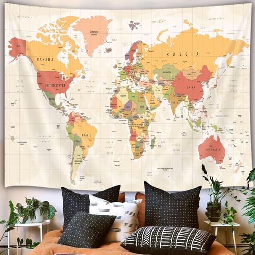 JAWO World Map Tapestry, Map of the World with Countries and Major Cities Wall Tapestries for Kids Student, World Map of the World Tapestry 60X40 Inch(Yellow)