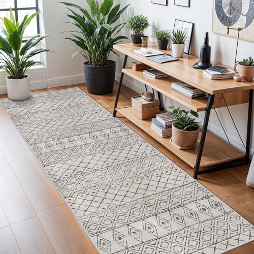 3x10 Washable Modern Runner Rug:Moroccan Boho Low Pile Rug Grey