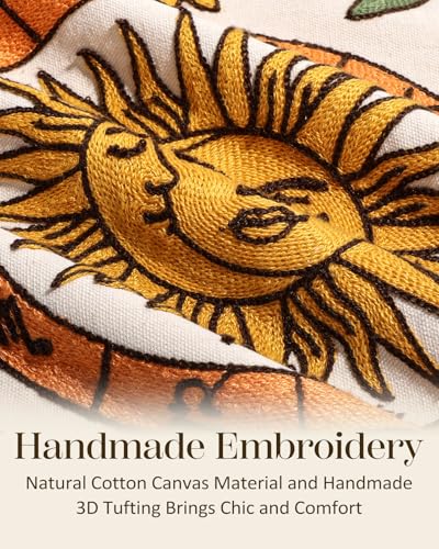 Embroidered Throw Pillow Cover 20x20 Inch, Sunflower Moon
