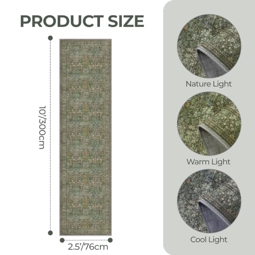 Washable 2'6" x 10' Runner Rug, Floral Green Rug Runner,Dark Green