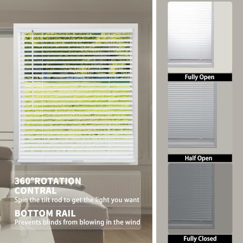 Aluminum Mini Blinds for Windows Cordless Horizontal Window Shades for Light Adjustment, Metal Venetian Blinds Waterproof for Bedroom, Bathroom, 22" W x 48" H, White