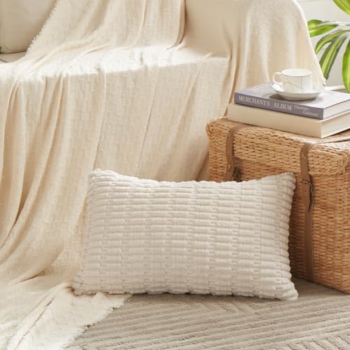 Fancy Homi Decorative Throw Pillow Covers for Bed Couch Bedroom Bench, Soft Corduroy Solid Pillow Case, Rustic Farmhouse Boho Room Decor,20" x 12" (Pack of 1),Cream