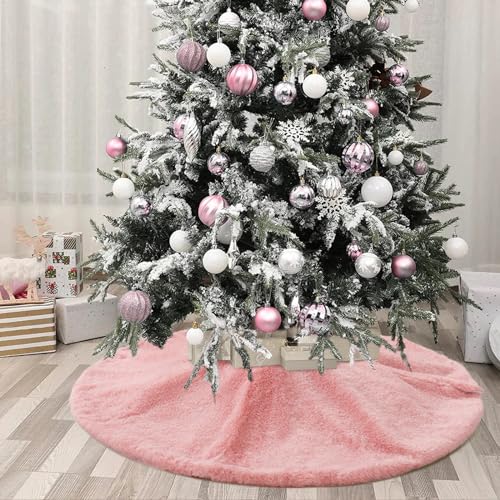 Pink Plush Christmas Tree Skirt 30 Inches Faux Fur Xmas Tree Skirt Base Cover Mat with Shiny Streamers for Christmas Tree Holiday Home Party Decorations - 78cm